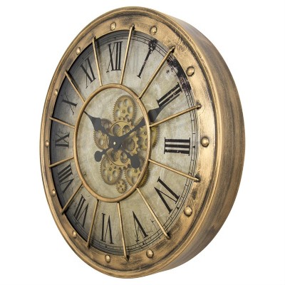 Gilded Gold Round Metal Gear Wall Clock with Roman Numerals