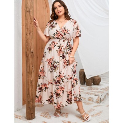 Women Plus Size Maxi Dress V Neck Summer Dress Short Sleeve Long Dress High Waist Ruffle Casual Dress with Belt