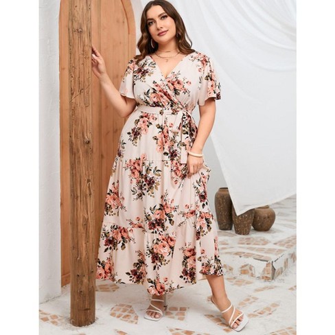 Missky Women Plus Size Maxi Dress V Neck Summer Dress Short Sleeve Long Dress High Waist Ruffle Casual Dress With Belt Target