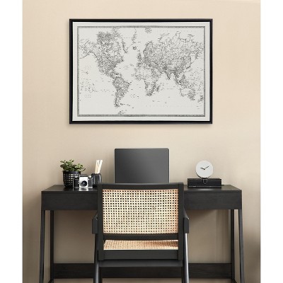 Vintage Black and White World Map Framed Canvas Art, 28x38