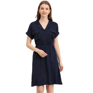 Allegra K Women's Notched Lapel Elastic Waist Pocket A-Line Safari Shirt Dresses - 1 of 4