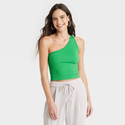 kløft Anger Flytte Women's One Shoulder Slim Fit Seamless Ribbed Tank Top - A New Day™ Green S  : Target