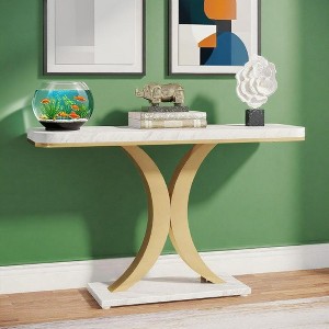 KTMBDW 39.4-Inch Wood Console Table with Geometric Base, 2-Tier Farmhouse Sofa Table Narrow Long, Behind Couch Table with Shelves for Living Room - 1 of 4