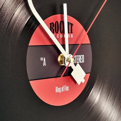 Vintage Black and White Vinyl Record Wall Clock with Hardwood Frame