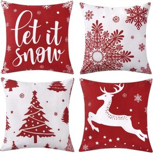TackView Set of 4 Velvet Christmas Pillow Covers 18x18, Farmhouse Winter Decor with Snowflake & Deer Designs - 1 of 4