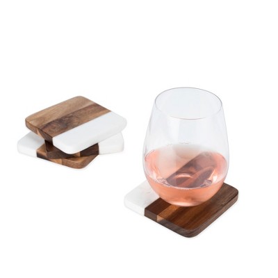 Modern Square Marble and Acacia Wood Coaster Set