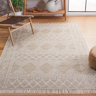 Ivory and Beige Handwoven Wool and Cotton Area Rug, 8' x 10'