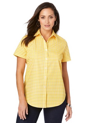 Jessica London Women's Plus Size Short Sleeve Stretch Cotton Poplin Shirt,  24 W - Sunset Yellow Gingham