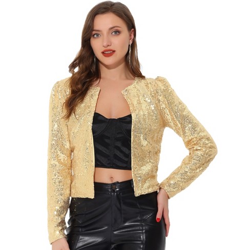 Allegra K Women's Long Sleeve Sparkly Sequin Crop Open Front Jackets Gold  Large