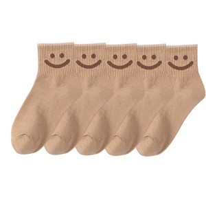 Anna-Kaci 5 Pairs Women's Ankle Socks with Smiley Face Design Soft Cotton Ribbed Cuffs for Casual Everyday Wear - 1 of 4