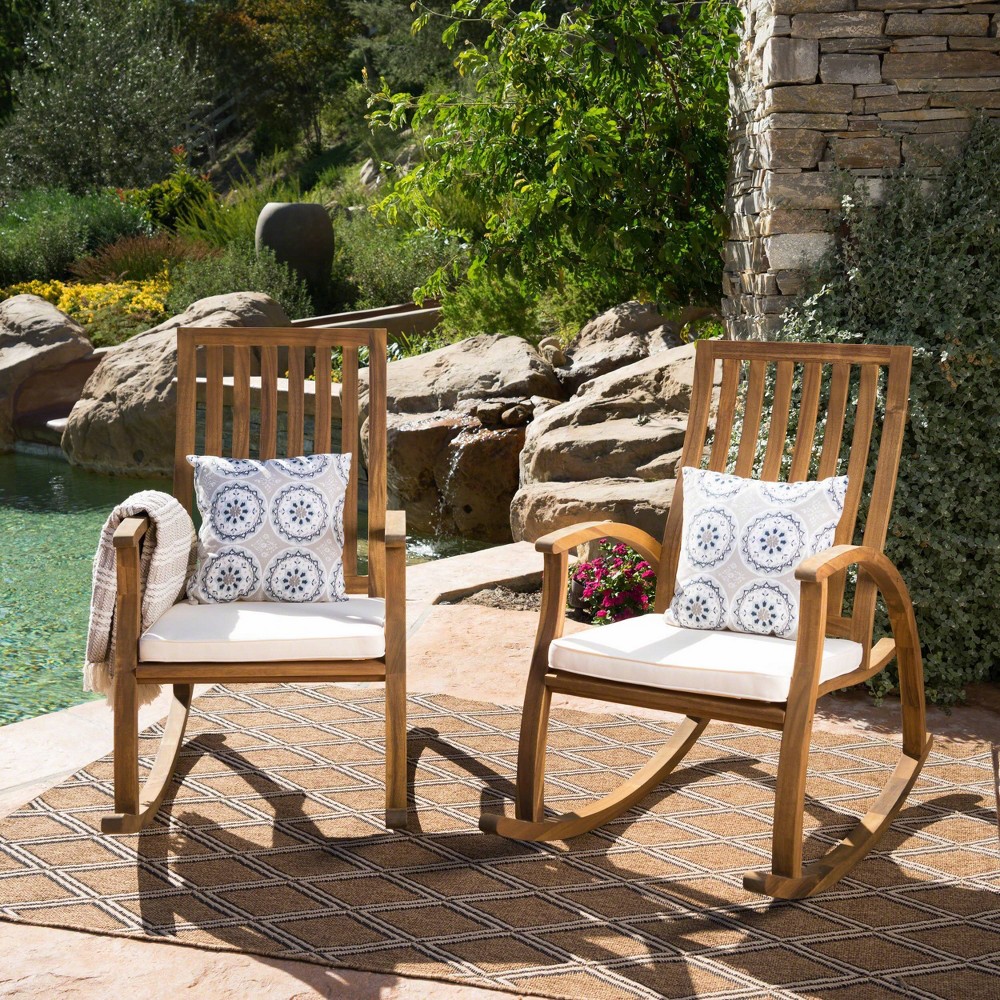 Cayo 2pk Acacia Wood Rocking Chair - Natural/Cream - Christopher Knight Home