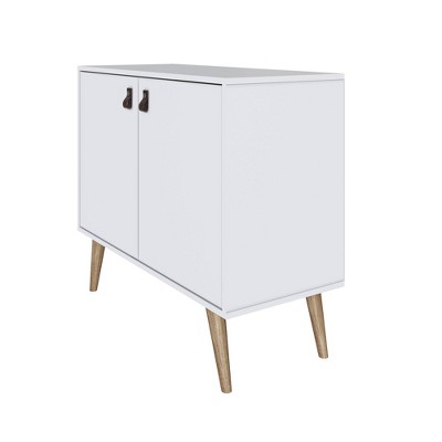 White Eucalyptus Wood Buffet Sideboard with Faux Leather Handles