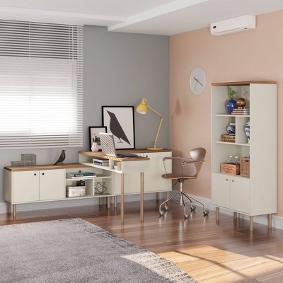Scandinavian-Modern Off White and Natural Wood TV Stand with Storage