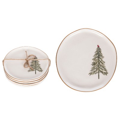 Transpac Set of 4 Ceramic Appetizer Plates Cardinal Tree Design Multicolor Christmas Tabletop Decor Safe for Dishware