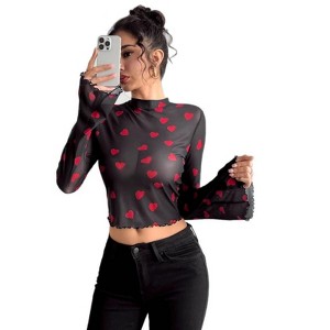 Women's Floral Bell Sleeve Crop Tops 70s Mesh Vinatge Western Country Concert Blouse  Lettuce Trim Mock Neck T Shirt - 1 of 4
