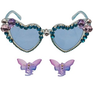 Willow & Ruby Kid's Fun Sunglasses with Hair Clip Set for Girls - Sunnies & Claws in Blue Heart & Butterfly Hair Clips - 1 of 4
