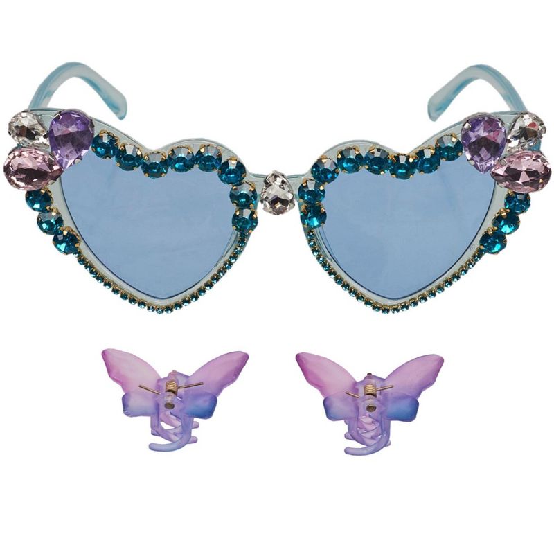Willow & Ruby Kid's Fun Sunglasses with Hair Clip Set for Girls - Sunnies & Claws in Blue Heart & Butterfly Hair Clips, 1 of 6