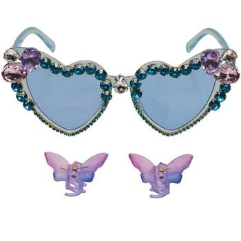 Willow & Ruby Kid's Fun Sunglasses with Hair Clip Set for Girls - Sunnies & Claws in Blue Heart & Butterfly Hair Clips