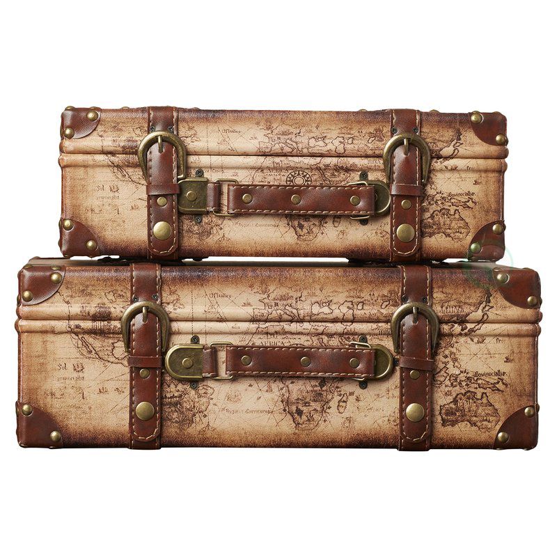 Vintiquewise Old World Map Leather Vintage Style Suitcase with Straps, Set of 2, 3 of 6
