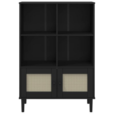 Senja Black Pine Wood Bookcase with Woven Rattan Doors