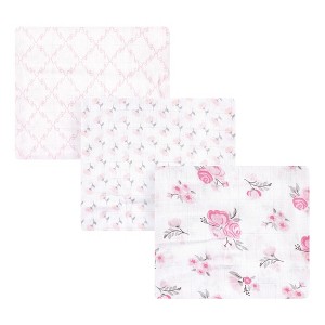 Hudson Baby Infant Girl Cotton Muslin Swaddle Blankets, Pastel Pink Floral, 3-Pack - 1 of 4