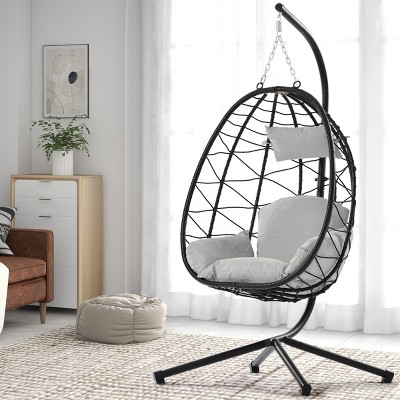 Outdoor Modern PE Rattan Woven Swing Chair,Fabric Upholstered Hanging Basket Chair,Hammock Chair With Stand And Metal Frame-Coolbibila