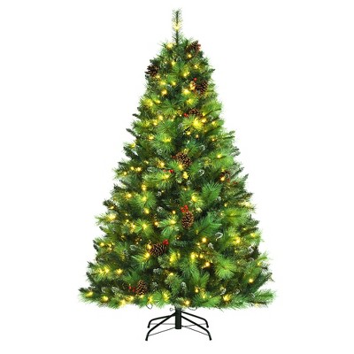 Costway 6ft Pre-lit Hinged Artificial Christmas Tree w/Pine Cones & Red Berries