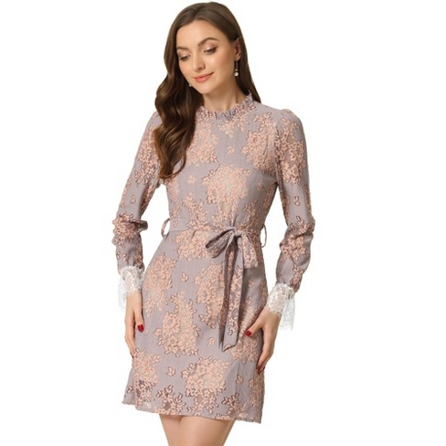 Women's Dresses Elegant V Neck Puff Sleeve Lace Overlay Dress  Dress for Women (Color : Burgundy, Size : Small): Clothing, Shoes & Jewelry