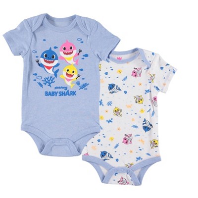 Image of Pinkfong Baby Shark Mommy Daddy Infant Baby Boys 2 Pack Short Sleeve Bodysuits Blue Heather/White 3-6 Months