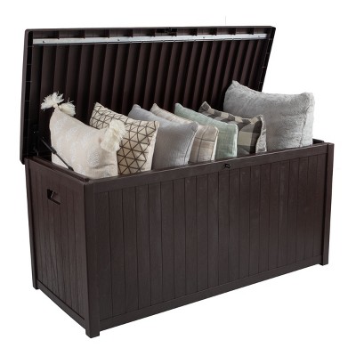 Storage Box - 113-Gallon Container for Patio Storage - Durable and Fade-Resistant Resin Deck Box - Outdoor Furniture by Pure Garden (Brown)