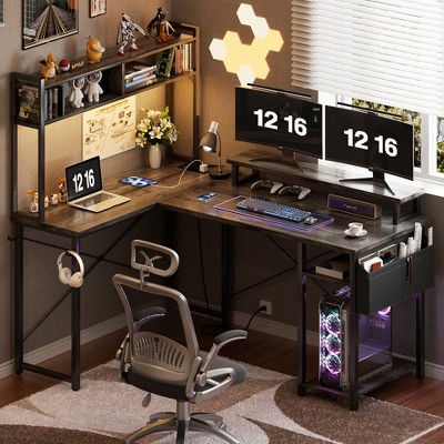 Aheaplus L Shaped Desk with Charging Staion and LED Light, Corner Computer Desk with Hutch and Monitor Stand