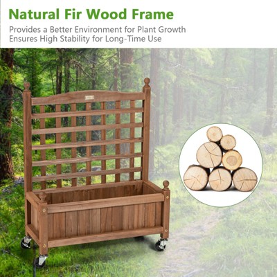 Natural Fir Wood Planter Box with Trellis and Wheels