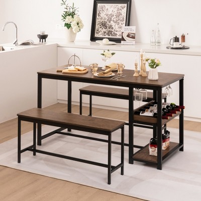 Rustic Brown and Black 3-Piece Dining Table Set with Storage