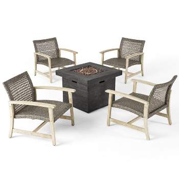 Breakwater 5pc Wood & Wicker Club Chairs & Fire Pit Set - Light Gray/Black/Gray -Christopher Knight Home