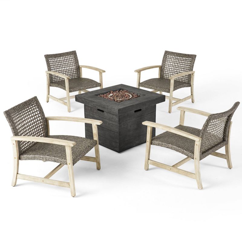 Breakwater 5pc Wood &#38; Wicker Club Chairs &#38; Fire Pit Set - Light Gray/Black/Gray -Christopher Knight Home, 1 of 17