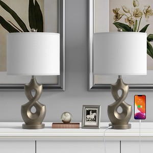 Maxax Sculptural Table Lamp, 24" Antique Silver Nightstand Lamp Set of 2 with USB Ports for Bedroom Living Room - 1 of 4