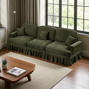 Elegant Mid-Century 3-Seater Chenille Sofa with Flared Arms, Skirt & Spindle Legs - 1 of 4