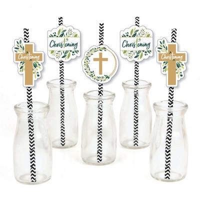 Big Dot of Happiness Christening Elegant Cross - Paper Straw Decor - Religious Party Striped Decorative Straws - Set of 24