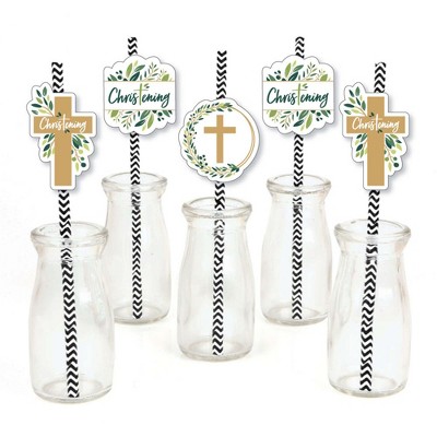 Big Dot of Happiness Christening Elegant Cross - Paper Straw Decor - Religious Party Striped Decorative Straws - Set of 24