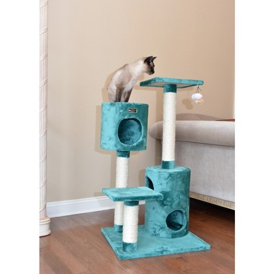 Dark Green Faux Fur and Sisal Cat Tree with Playhouses