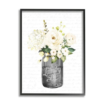 Stupell Industries White Flower Blossoms Laundry Jar Fancy Script Black Framed Giclee Art