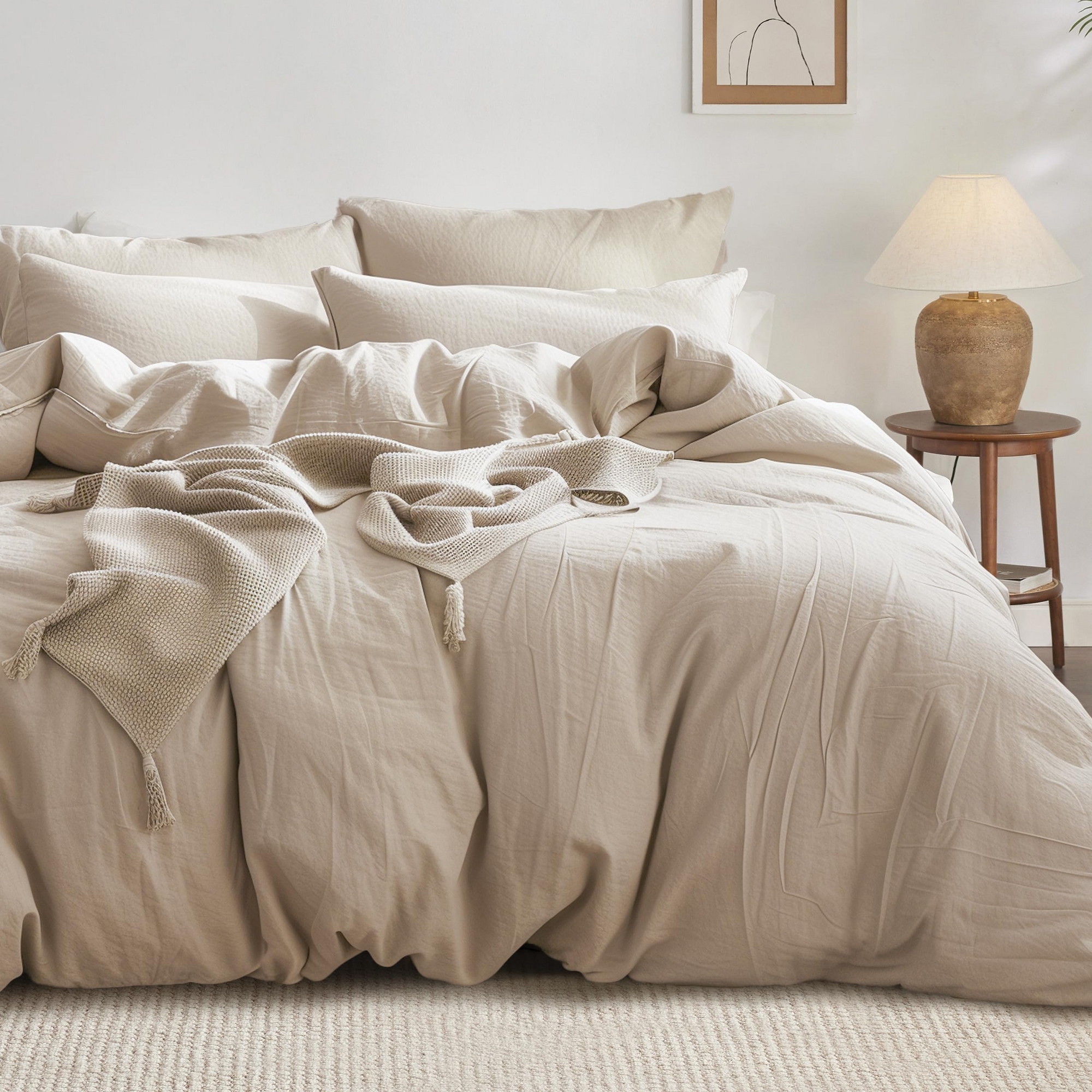 Bedsure 100% Washed Cotton Duvet Cover Queen Warm Sand Minimalist All Season Bedding Set GentleSoft OEKO TEX Certified Mother's Day Gift