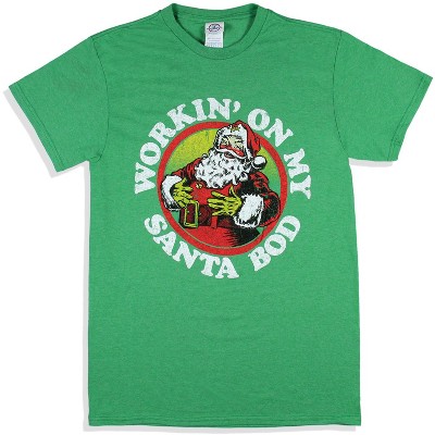 Workin' On My Santa Bod Men's Distressed Graphic Holiday Print T-Shirt, M Green