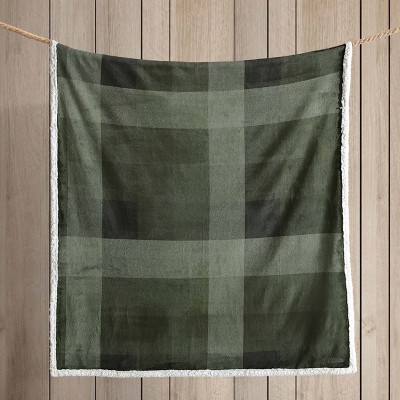 Green Pine Plaid Reversible Sherpa Fleece Throw Blanket