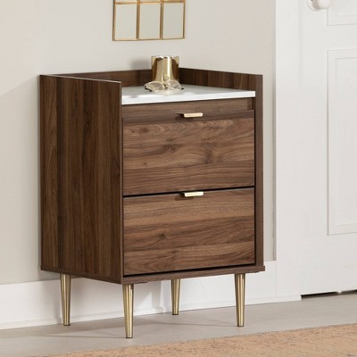 Natural Walnut and White Stone 2-Drawer End Table with Brass Legs