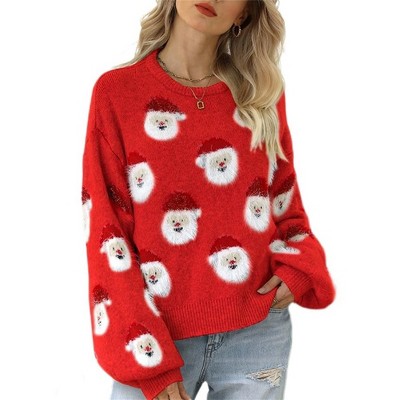 BLUEMING Women's Christmas Top Long Sleeve Round Neck Santa Claus Knitted Sweater Pullover Top