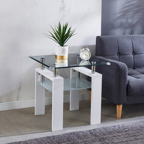Glass Side Table End Tables Living Room With Frosted Glass Shelf Tempered Glass Tabletop Modern Square Corner Table Target