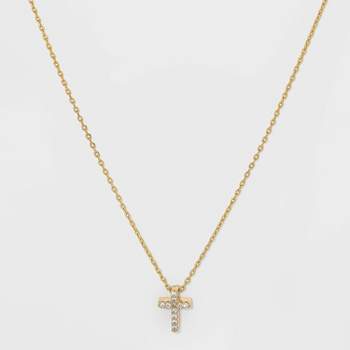 Silver Plated Gold Dipped Micro Pave Cubic Zirconia Cross Pendant Necklace - Gold