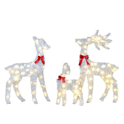 Angel Sar 3-Piece Lighted Tinsel Reindeer Family Set, 110 LED White Deer Decor with Red Bows, 2.4FT Outdoor Indoor Christmas Decoration