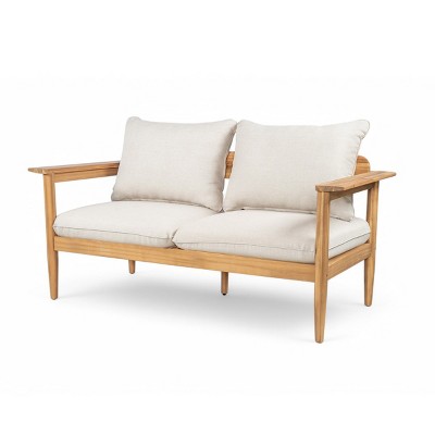Outdoor Loveseat with Cushions,Acacia Wood Frame Patio Loveseat,Modern 2 Seater Armrests Loveseat for Porch Balcony-Coolbibila